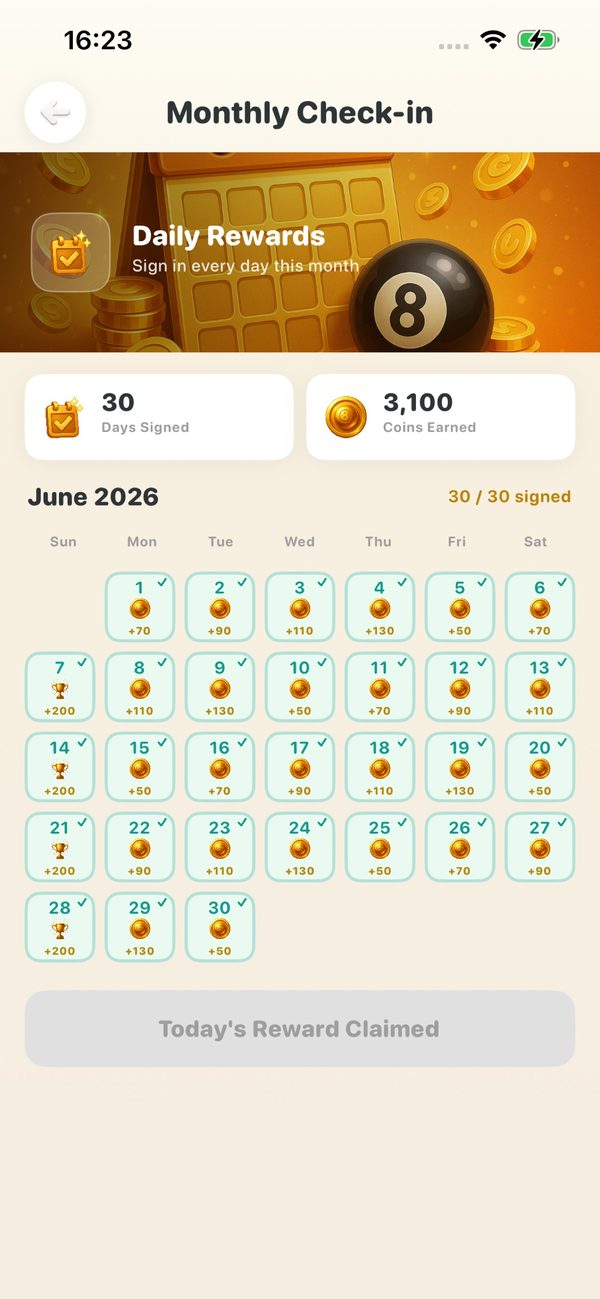 Daily check-in calendar with coin rewards and milestone trophies