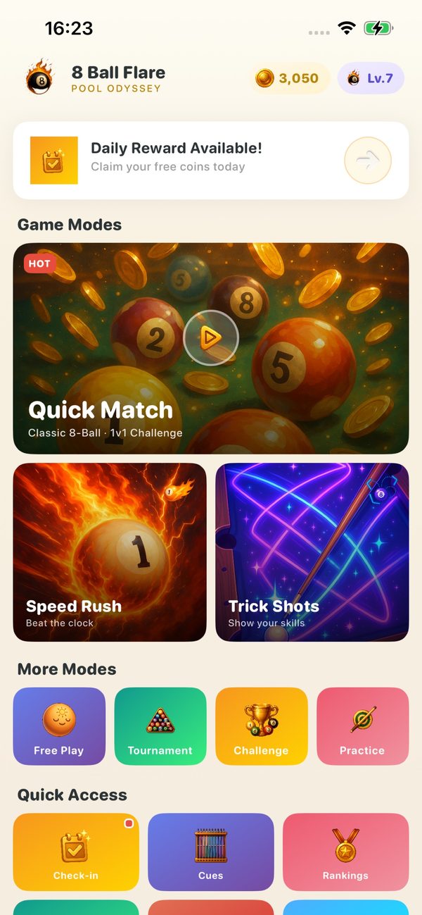 Game modes including Quick Match, Speed Rush, and Trick Shots